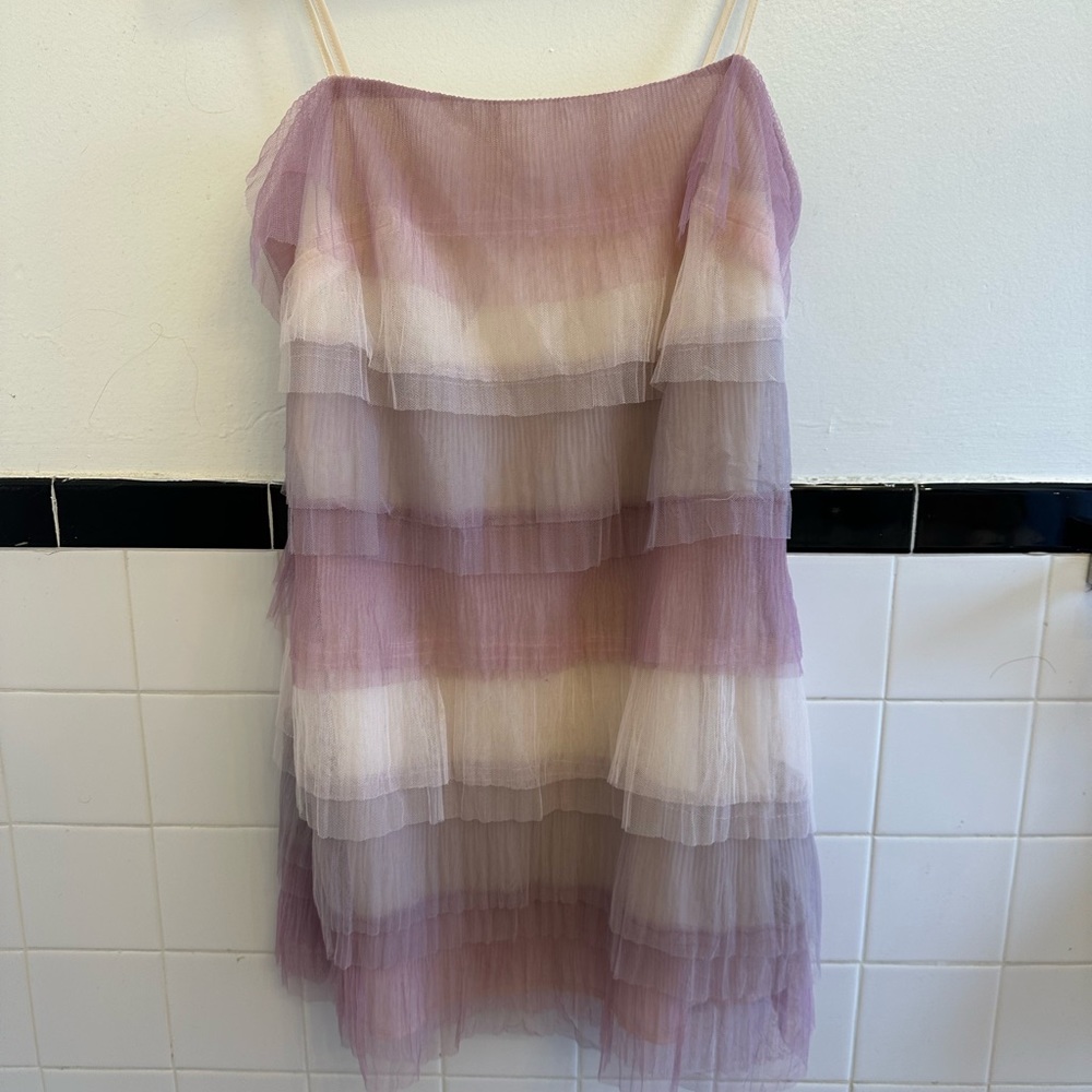 NWT M PURPLE PINK FRINGE TULLE SHORT LAYERED DRESS